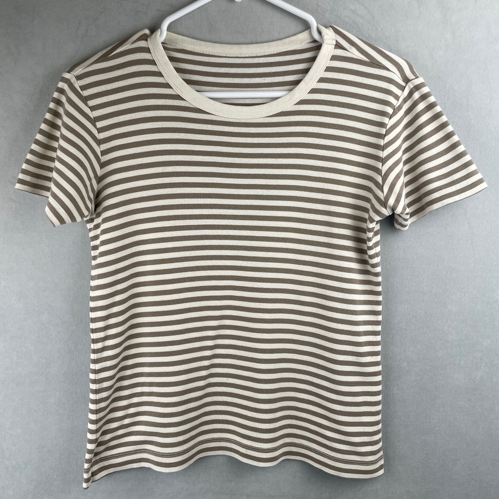 Muji Brown Cream Striped Cotton Crew Neck Short Sleeve T-Shirt Preppy Womens XS